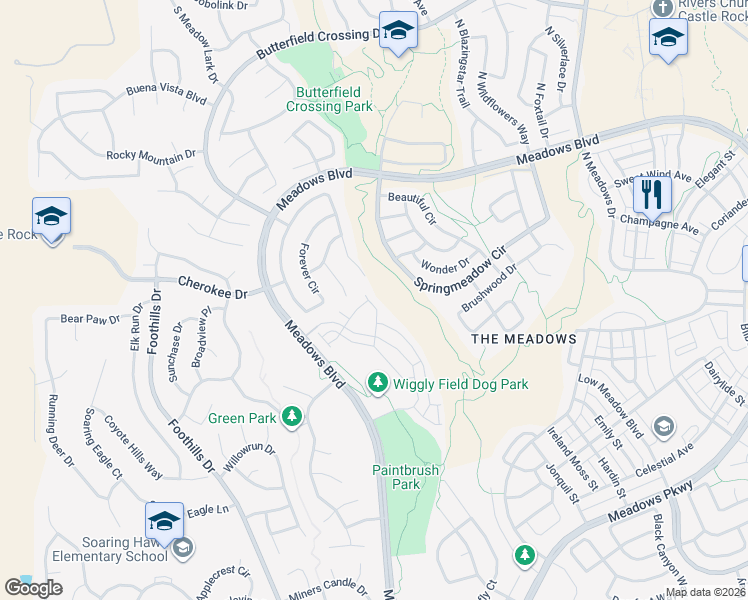 map of restaurants, bars, coffee shops, grocery stores, and more near 3904 Pecos Trail in Castle Rock