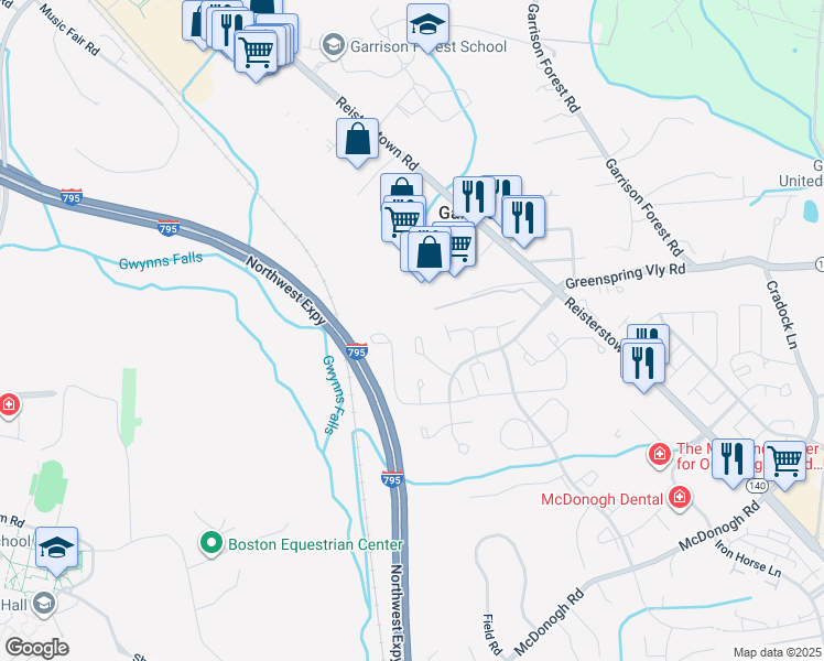 map of restaurants, bars, coffee shops, grocery stores, and more near 68 Hamlet Drive in Owings Mills
