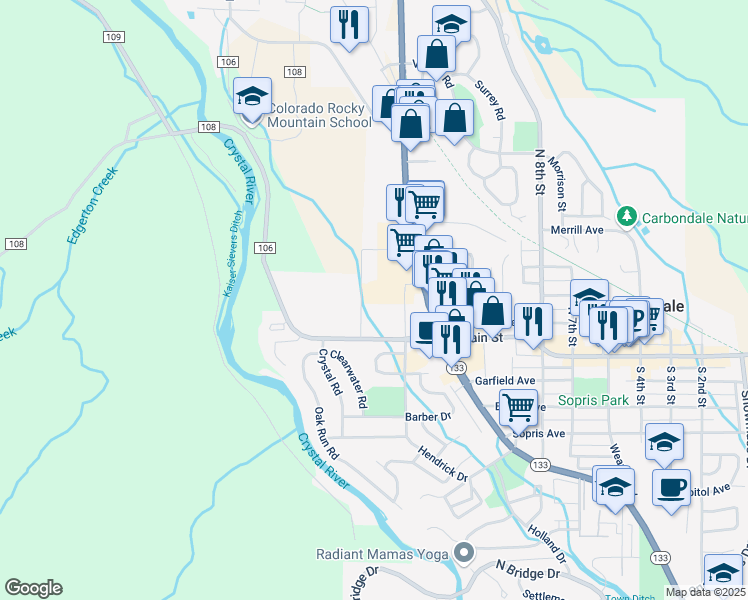 map of restaurants, bars, coffee shops, grocery stores, and more near 1400 Main Street in Carbondale