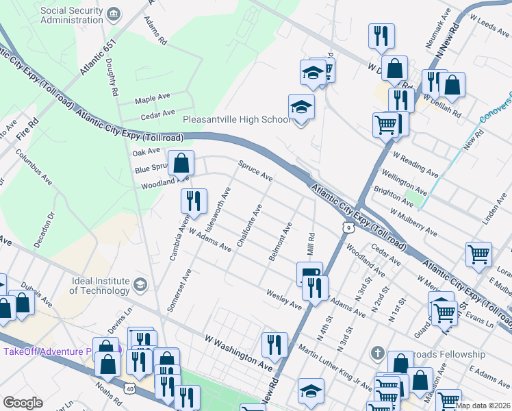 map of restaurants, bars, coffee shops, grocery stores, and more near 800 Seneca Avenue in Pleasantville