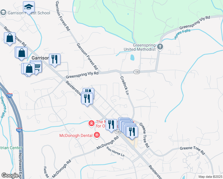 map of restaurants, bars, coffee shops, grocery stores, and more near 22 Royalty Circle in Owings Mills