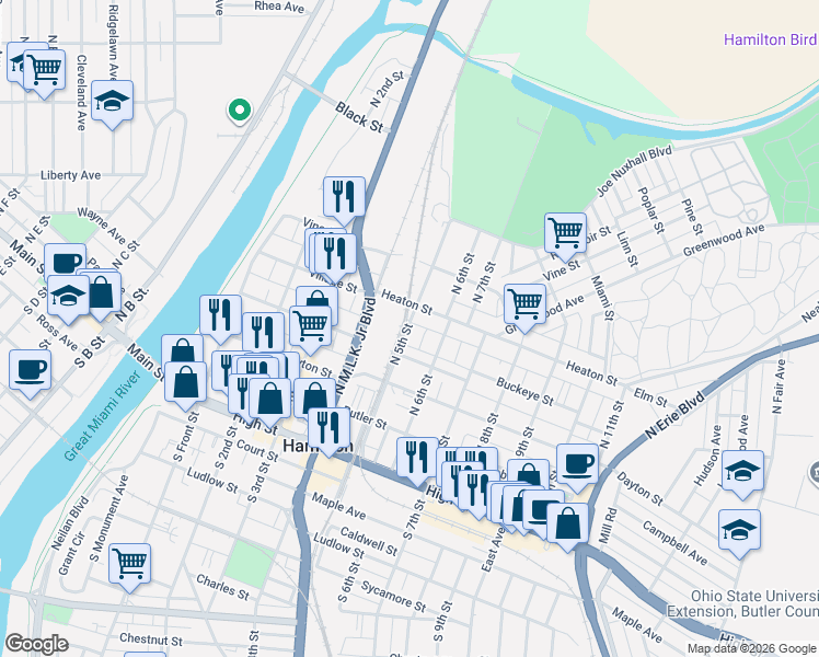 map of restaurants, bars, coffee shops, grocery stores, and more near 326 North 5th Street in Hamilton