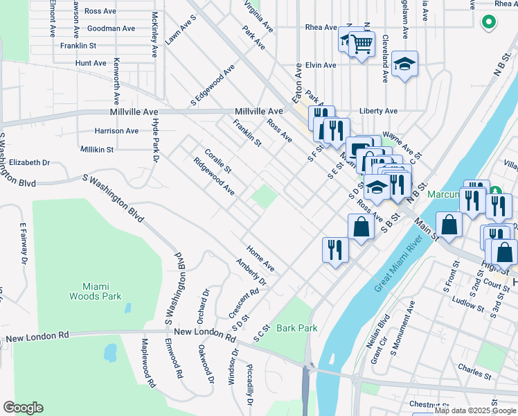 map of restaurants, bars, coffee shops, grocery stores, and more near 501 Ridgewood Avenue in Hamilton