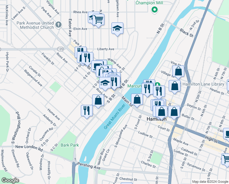 map of restaurants, bars, coffee shops, grocery stores, and more near 15 South B Street in Hamilton
