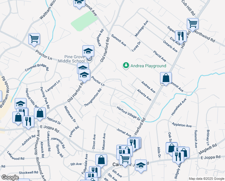 map of restaurants, bars, coffee shops, grocery stores, and more near 9150 Parkland Road in Parkville