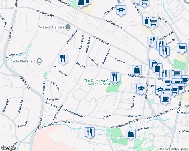 map of restaurants, bars, coffee shops, grocery stores, and more near 571 Woodbine Avenue in Towson