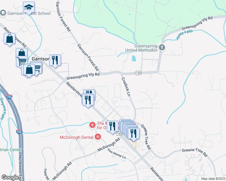map of restaurants, bars, coffee shops, grocery stores, and more near 22 Royalty Circle in Owings Mills