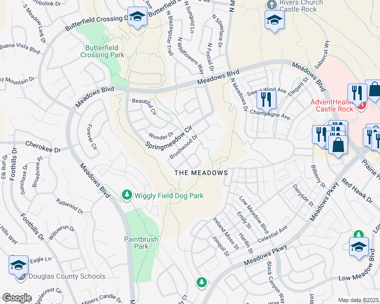 map of restaurants, bars, coffee shops, grocery stores, and more near 3457 Chaffee Way in Castle Rock