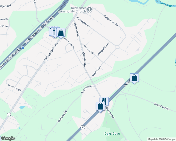 map of restaurants, bars, coffee shops, grocery stores, and more near 5740 Allender Road in White Marsh