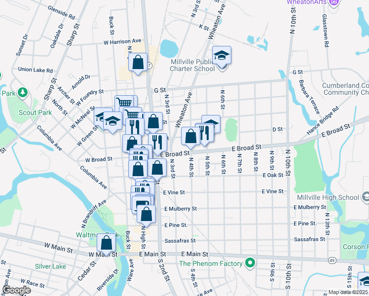 map of restaurants, bars, coffee shops, grocery stores, and more near 333 East Broad Street in Millville