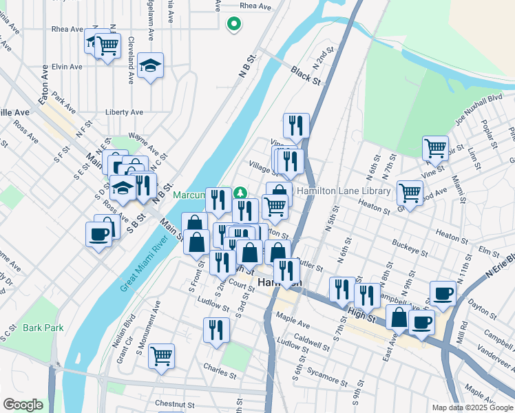 map of restaurants, bars, coffee shops, grocery stores, and more near 244 Dayton Street in Hamilton