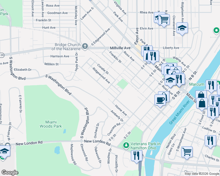 map of restaurants, bars, coffee shops, grocery stores, and more near 530 Millikin Street in Hamilton
