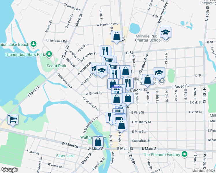 map of restaurants, bars, coffee shops, grocery stores, and more near 2 West Broad Street in Bridgeton
