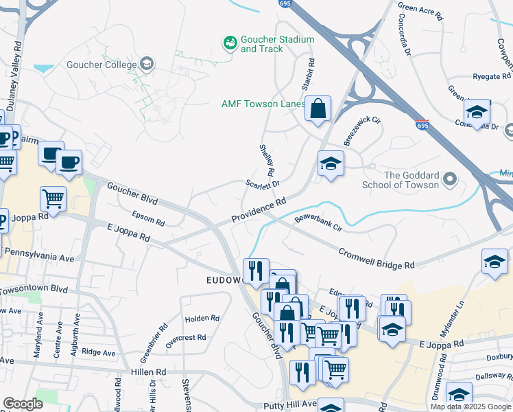 map of restaurants, bars, coffee shops, grocery stores, and more near 716 Providence Road in Towson