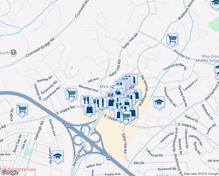 map of restaurants, bars, coffee shops, grocery stores, and more near 1 Spindrift Circle in Parkville
