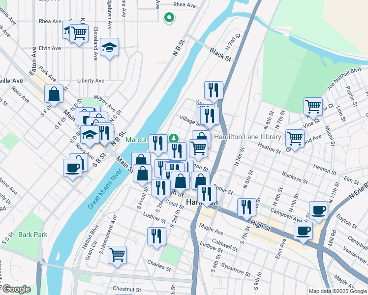 map of restaurants, bars, coffee shops, grocery stores, and more near 200 North 2nd Street in Hamilton