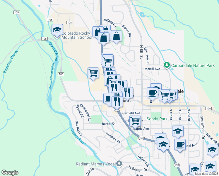 map of restaurants, bars, coffee shops, grocery stores, and more near 900 Colorado 133 in Carbondale