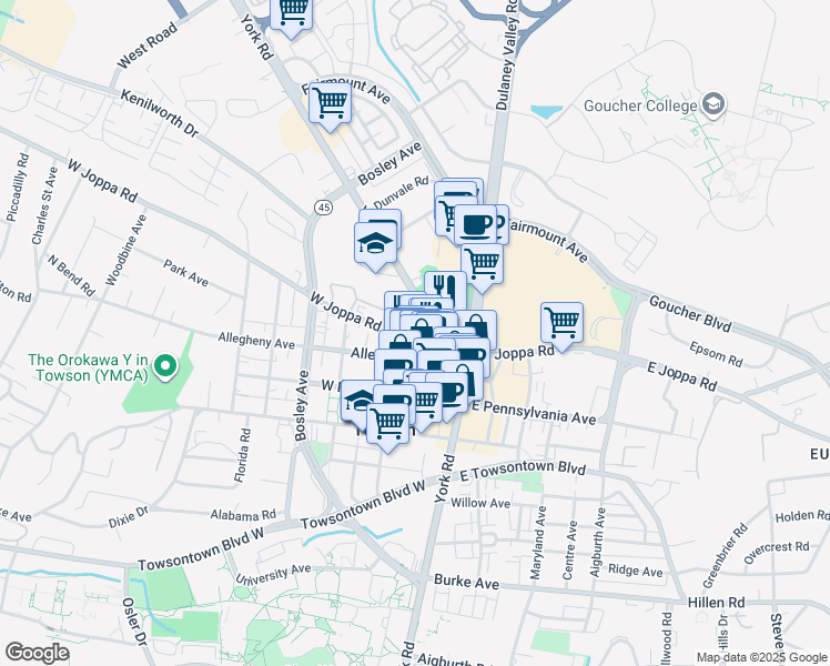 map of restaurants, bars, coffee shops, grocery stores, and more near 703 Washington Avenue in Towson