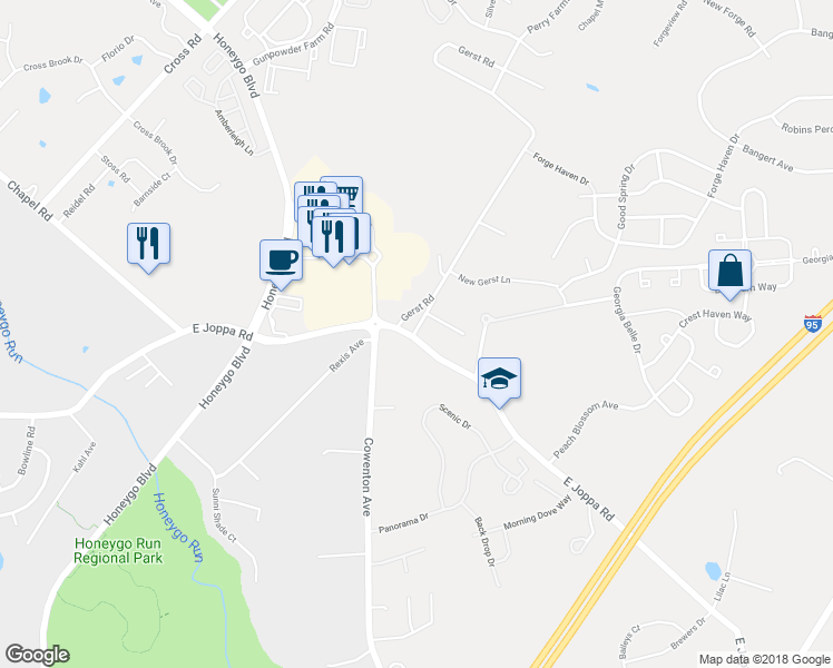 map of restaurants, bars, coffee shops, grocery stores, and more near 5110 East Joppa Road in Perry Hall