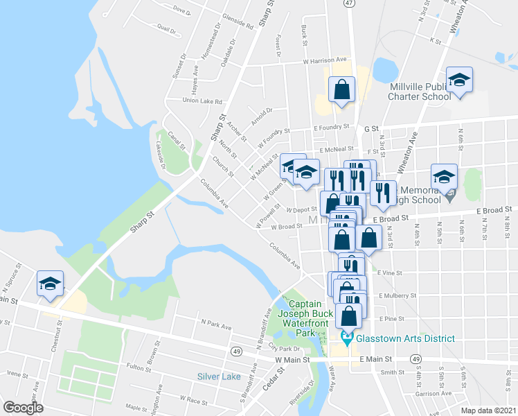 map of restaurants, bars, coffee shops, grocery stores, and more near 620 Church Street in Millville