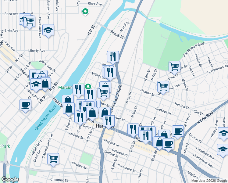 map of restaurants, bars, coffee shops, grocery stores, and more near 331 Buckeye Street in Hamilton