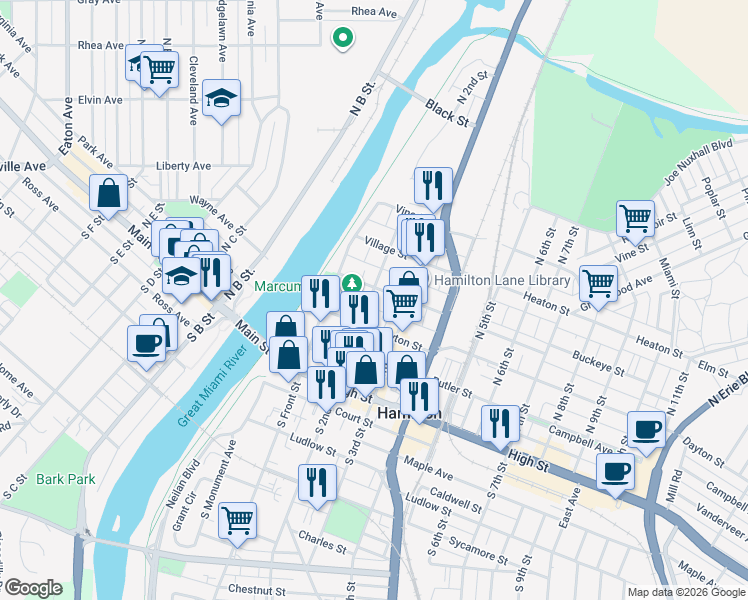 map of restaurants, bars, coffee shops, grocery stores, and more near 200 North 2nd Street in Hamilton