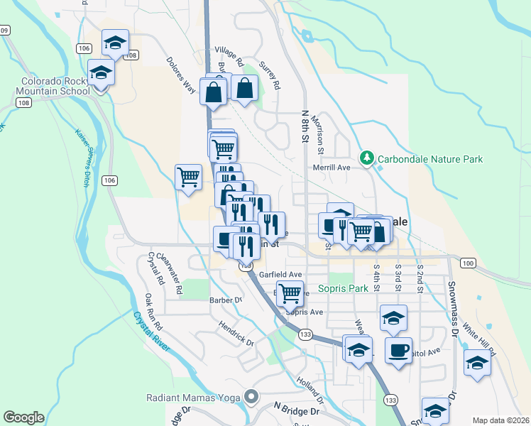 map of restaurants, bars, coffee shops, grocery stores, and more near 181 12th Street in Carbondale