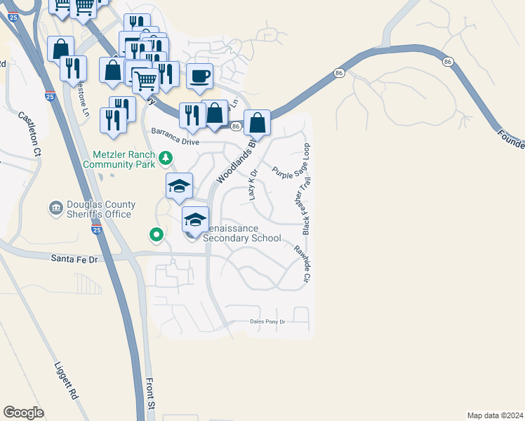 map of restaurants, bars, coffee shops, grocery stores, and more near 3996 Lazy K Drive in Castle Rock