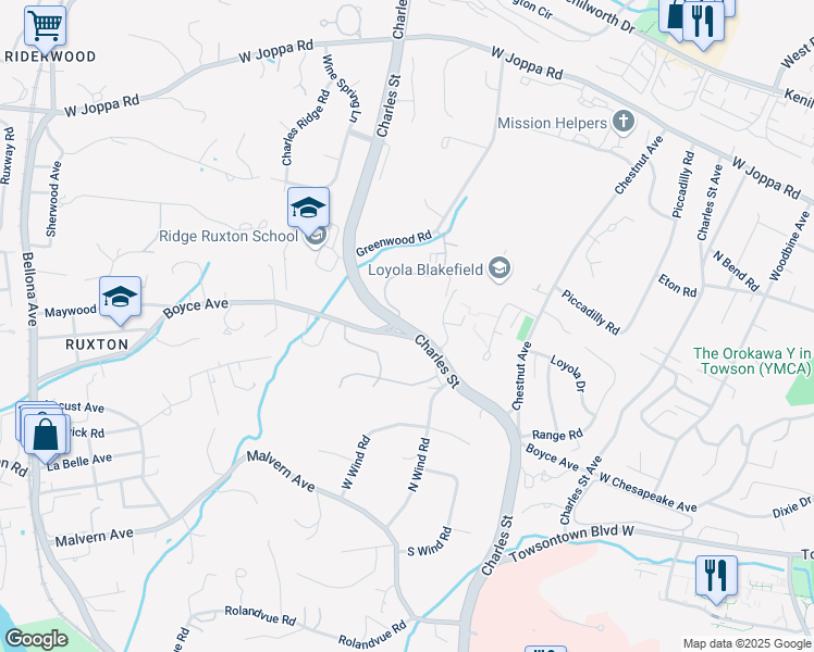 map of restaurants, bars, coffee shops, grocery stores, and more near North Charles Street in Towson