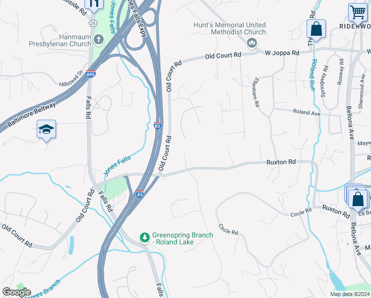 map of restaurants, bars, coffee shops, grocery stores, and more near 1940 Ruxton Road in Towson