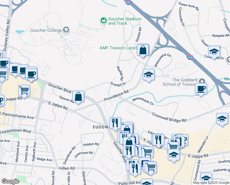 map of restaurants, bars, coffee shops, grocery stores, and more near 716 Providence Road in Towson