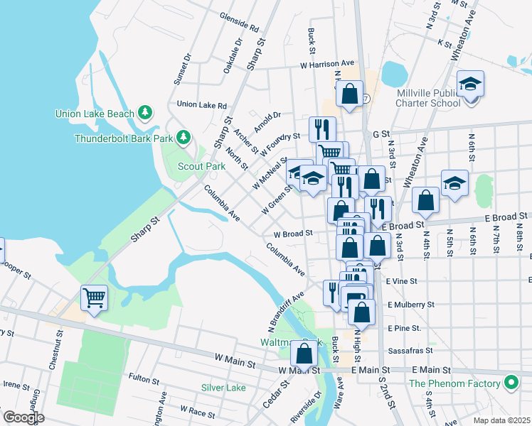 map of restaurants, bars, coffee shops, grocery stores, and more near 620 Church Street in Millville