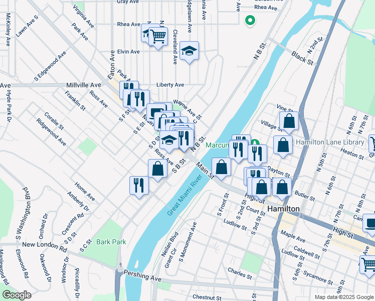map of restaurants, bars, coffee shops, grocery stores, and more near 15 South B Street in Hamilton