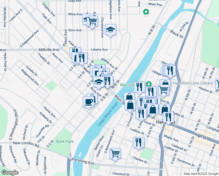 map of restaurants, bars, coffee shops, grocery stores, and more near 15 South B Street in Hamilton