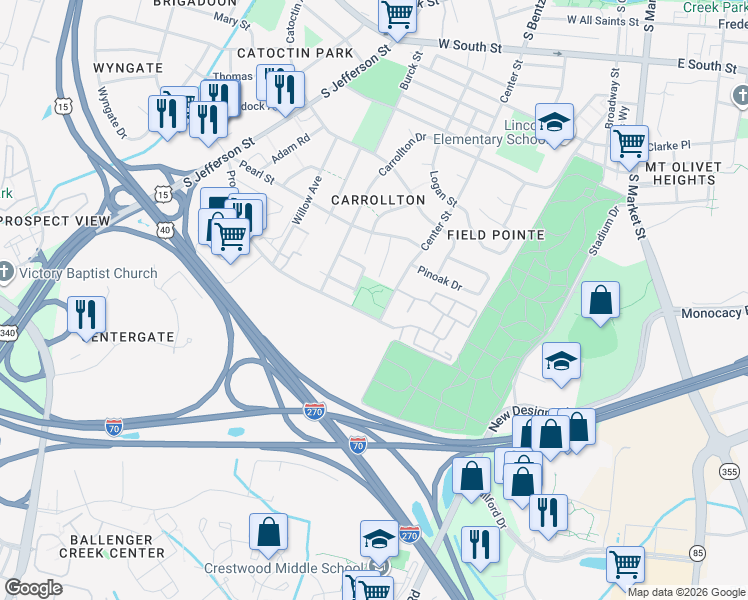 map of restaurants, bars, coffee shops, grocery stores, and more near 455 Center Street in Frederick