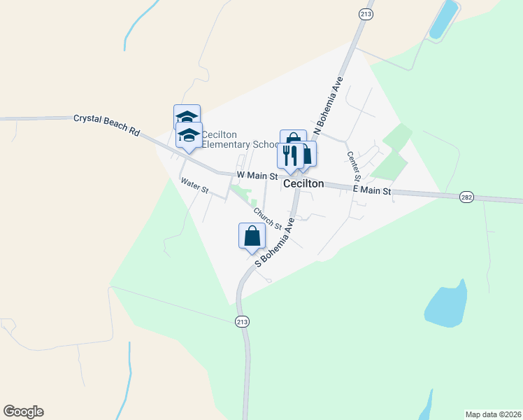 map of restaurants, bars, coffee shops, grocery stores, and more near 136 Church Street in Cecilton