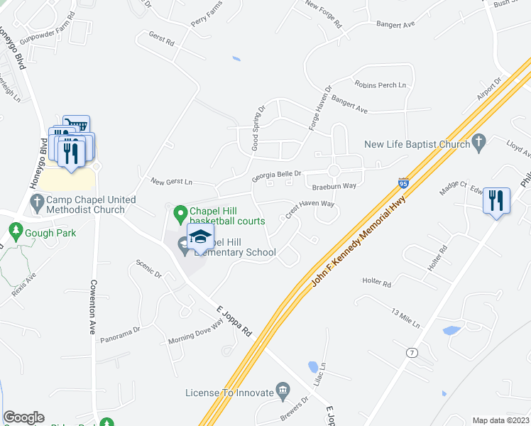 map of restaurants, bars, coffee shops, grocery stores, and more near 9215 Georgia Belle Drive in Perry Hall