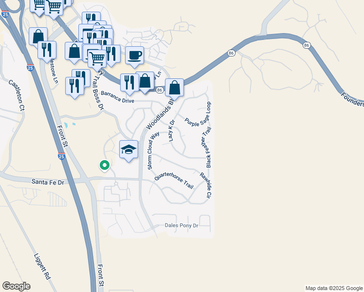map of restaurants, bars, coffee shops, grocery stores, and more near 4023 Stampede Drive in Castle Rock