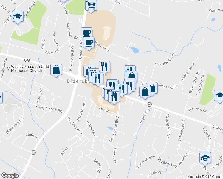 map of restaurants, bars, coffee shops, grocery stores, and more near 1348 Liberty Rd in Eldersburg