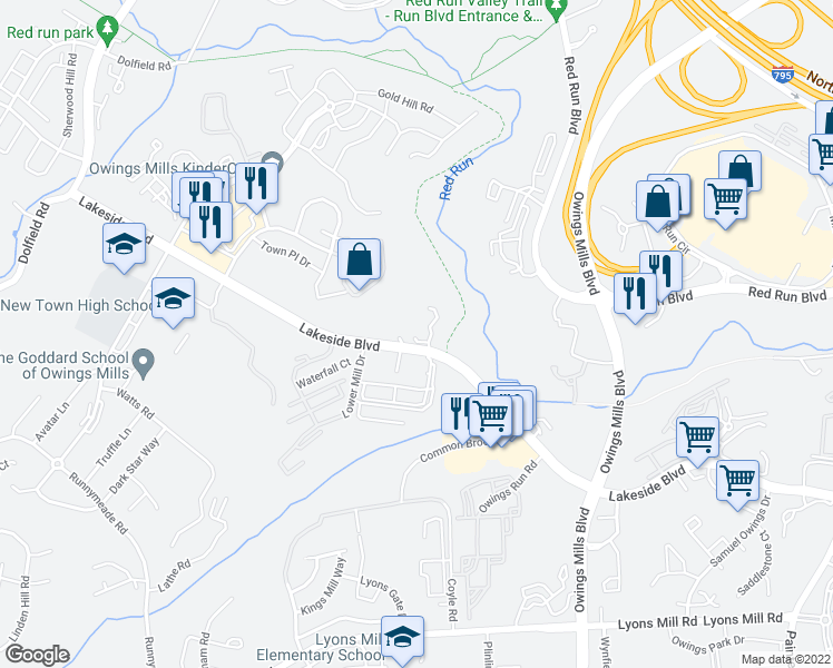 map of restaurants, bars, coffee shops, grocery stores, and more near 4402 Silverbrook Lane in Owings Mills