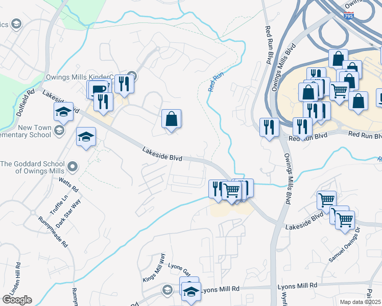 map of restaurants, bars, coffee shops, grocery stores, and more near 4411 Silverbrook Lane in Owings Mills