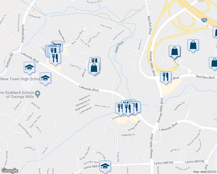 map of restaurants, bars, coffee shops, grocery stores, and more near 4402 Silverbrook Lane in Owings Mills