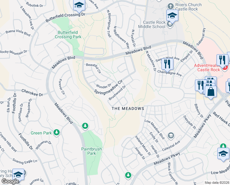 map of restaurants, bars, coffee shops, grocery stores, and more near 3473 Brushwood Drive in Castle Rock