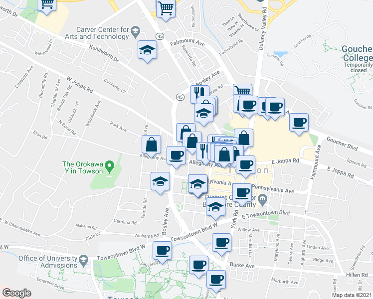 map of restaurants, bars, coffee shops, grocery stores, and more near 606 Baltimore Avenue in Towson