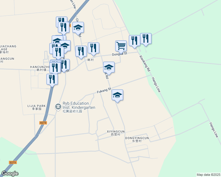 map of restaurants, bars, coffee shops, grocery stores, and more near Yu Hua Lu in Lang Fang Shi