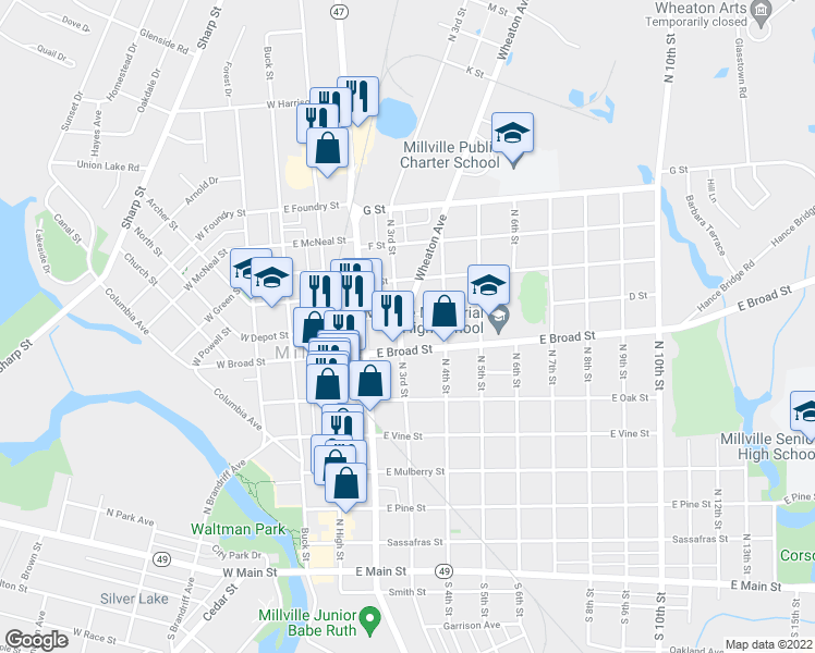 map of restaurants, bars, coffee shops, grocery stores, and more near 601 Wheaton Avenue in Millville