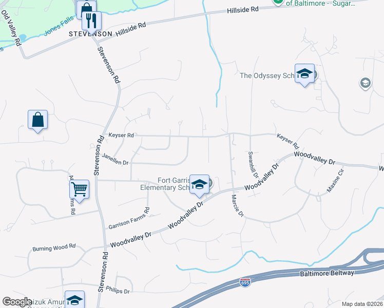 map of restaurants, bars, coffee shops, grocery stores, and more near 3307 Janellen Drive in Pikesville