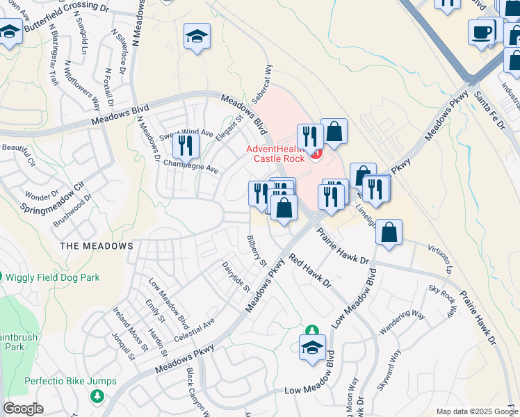 map of restaurants, bars, coffee shops, grocery stores, and more near 2355 Mercantile Street in Castle Rock