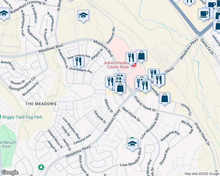map of restaurants, bars, coffee shops, grocery stores, and more near 2355 Mercantile Street in Castle Rock