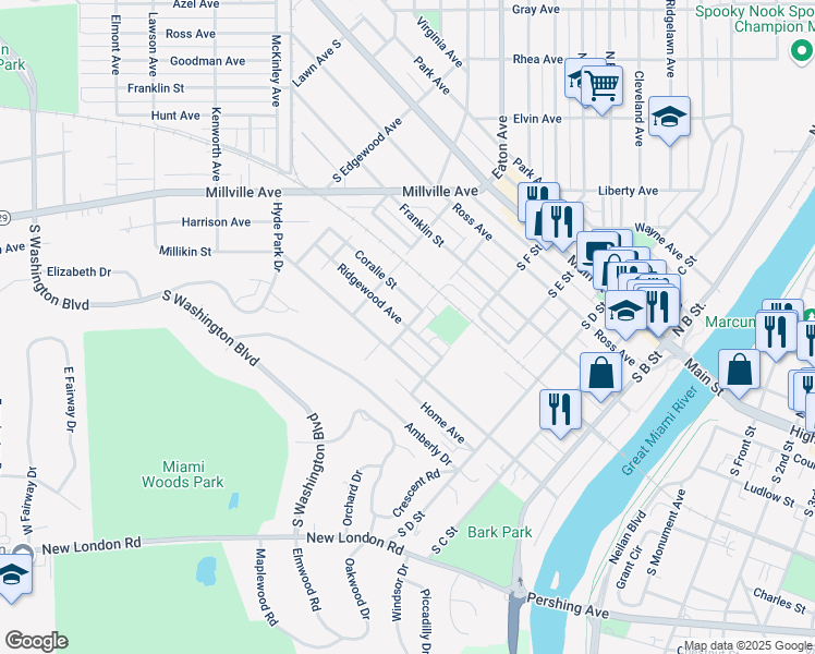 map of restaurants, bars, coffee shops, grocery stores, and more near 599 Ridgewood Avenue in Hamilton